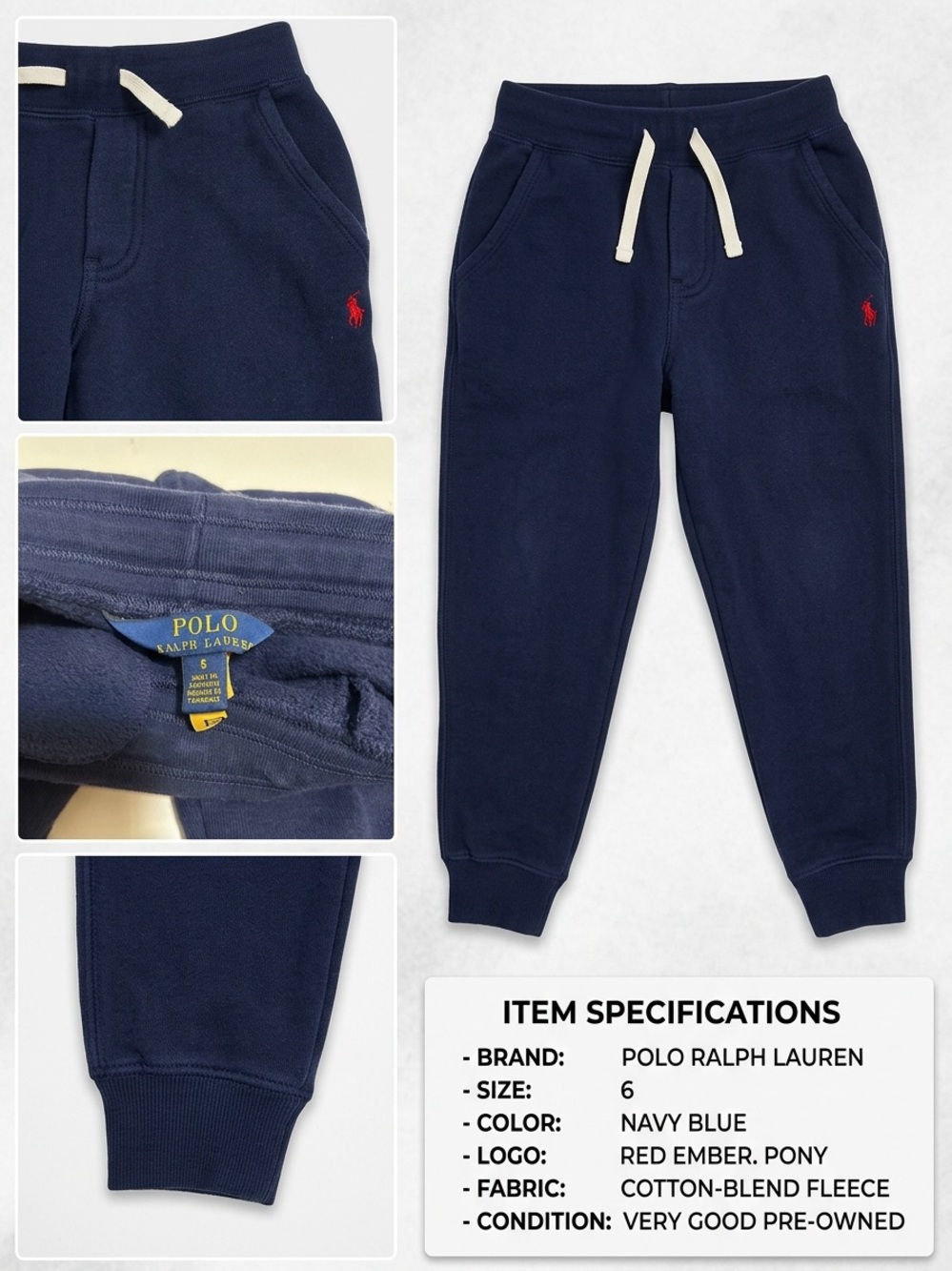 Polo Ralph Lauren Kids Navy Blue Fleece Jogger Pants Size 6